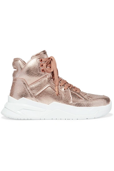 Shop Balmain B Ball Metallic Leather High-top Sneakers In Brass