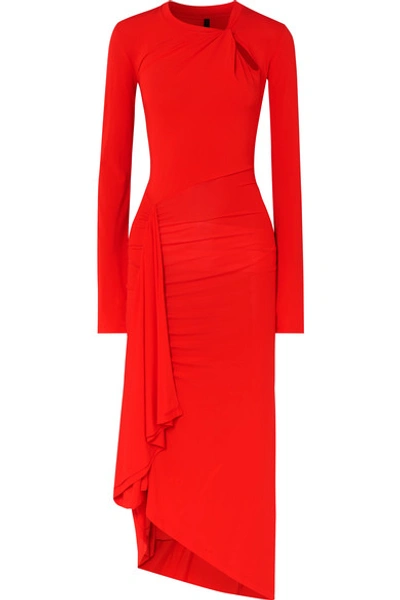 Shop Ben Taverniti Unravel Project Twisted Draped Stretch-jersey Midi Dress In Red