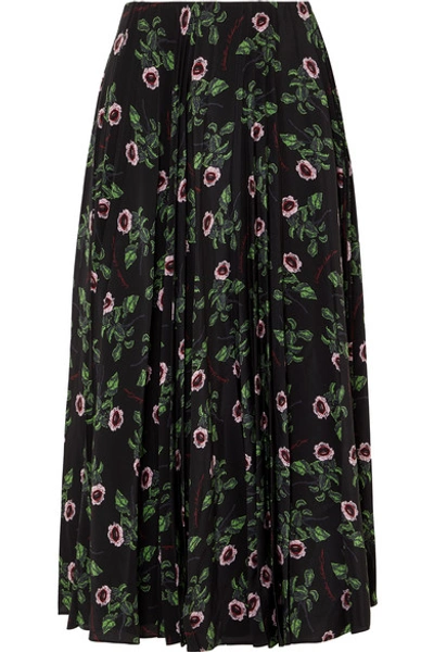 Shop Valentino Floral-print Pleated Silk-chiffon Midi Skirt In Black