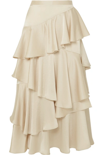 Shop Alexa Chung Tiered Ruffled Satin Midi Skirt In Cream