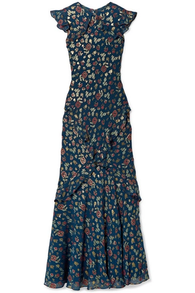 Shop Saloni Tamara Ruffled Metallic Fil Coupé Silk-blend Georgette Maxi Dress In Blue