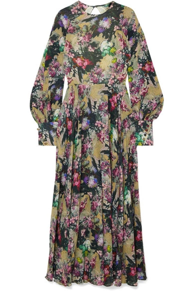 Shop Rotate Birger Christensen Open-back Floral-print Crepe Maxi Dress In Sage Green