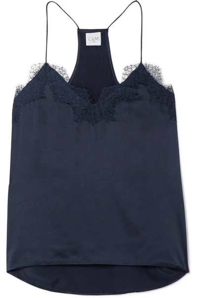 Shop Cami Nyc The Racer Lace-trimmed Silk-charmeuse Camisole In Midnight Blue