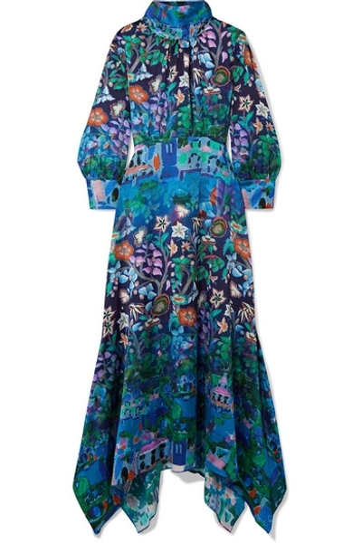 Shop Peter Pilotto Asymmetric Printed Silk-blend Cloqué Midi Dress In Blue