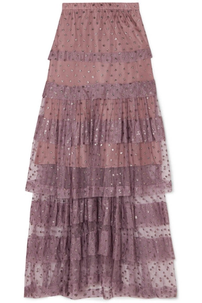 Shop Anna Mason Mademoiselle Tiered Glittered Polka-dot Tulle Maxi Skirt In Pink