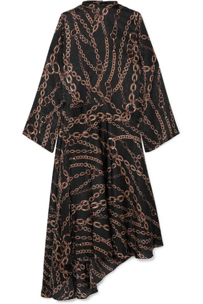 Shop Balenciaga Asymmetric Printed Pleated Silk-jacquard Midi Dress In Black
