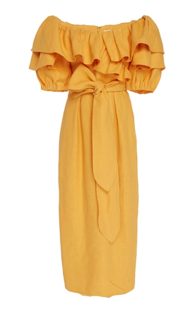 Shop Mara Hoffman Arabella Ruffled Off-shoulder Hemp-twill Dress In Yellow