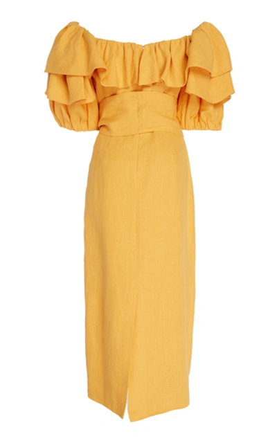 Shop Mara Hoffman Arabella Ruffled Off-shoulder Hemp-twill Dress In Yellow