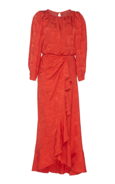 Shop Johanna Ortiz Cuentos Y Relatos Ruffled Jacquard Midi Dress In Red