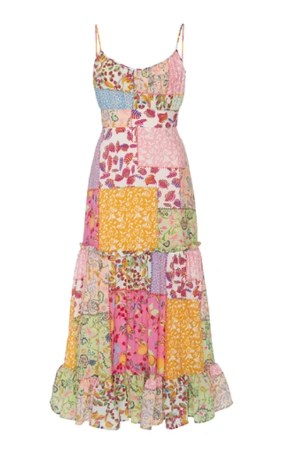 Shop Saloni Bella Patchwork-print Strappy Cotton-blend Midi Dress In Pink