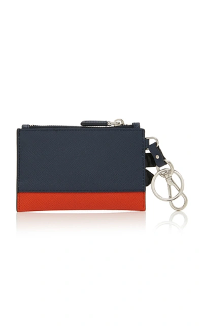 Shop Prada Two-tone Embellished Textured-leather Pouch In Navy