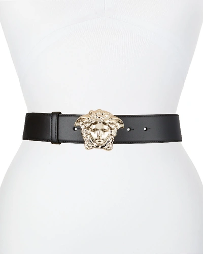 Shop Versace Leather Belt W/ Medusa Buckle In Black/light Gold