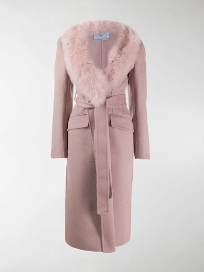 Shop Prada Fur Collar Wrap Coat In Pink