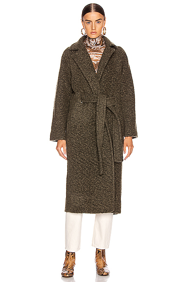 ganni boucle wool long wrap coat