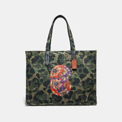 Shop Coach Tote 42 With Wild Beast Print And Kaffe Fassett Patch In Military Wild Beast/black Copper