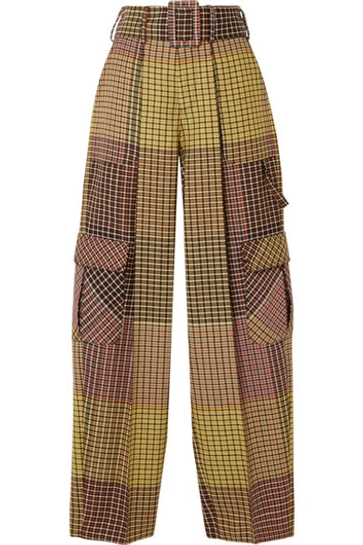 Shop Rosie Assoulin Belted Houndstooth Wool Wide-leg Pants In Yellow