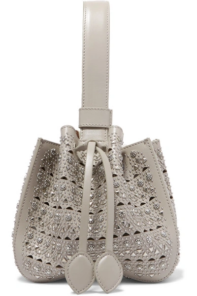 Shop Alaïa Rose Marie Mini Embellished Laser-cut Leather Bucket Bag In Light Gray