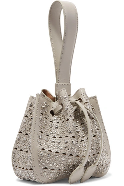 Shop Alaïa Rose Marie Mini Embellished Laser-cut Leather Bucket Bag In Light Gray