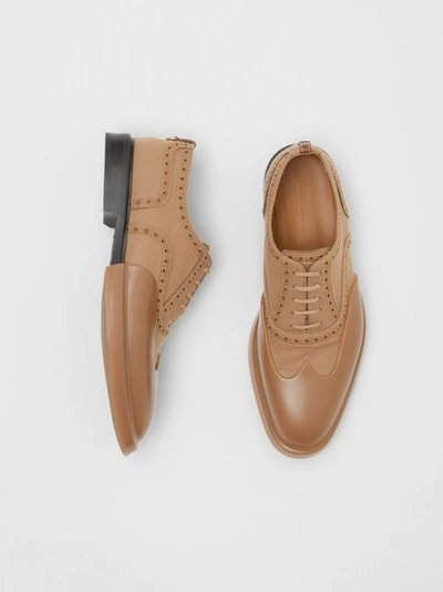 Shop Burberry Toe Cap Detail Wool Oxford Brogues In Warm Camel