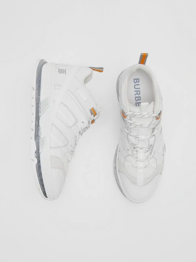 Shop Burberry Nylon And Leather Union Sneakers In Optic White