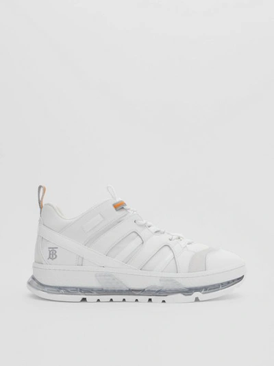 Shop Burberry Nylon And Leather Union Sneakers In Optic White