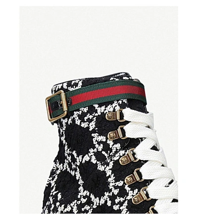 Shop Gucci Gg Heeled Tweed Ankle Boots In Blk/white