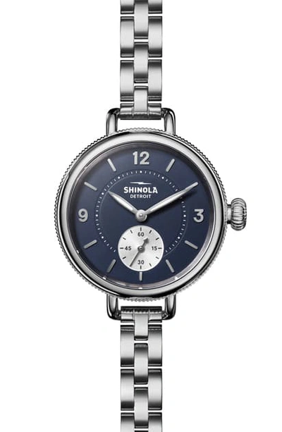 Shop Shinola Birdy Bracelet Watch, 34mm In Silver/ Midnight Blue/ Silver