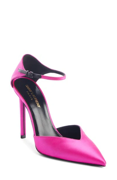 Shop Saint Laurent Anja Ankle Strap Pointed Toe Pump In Fushia Pink