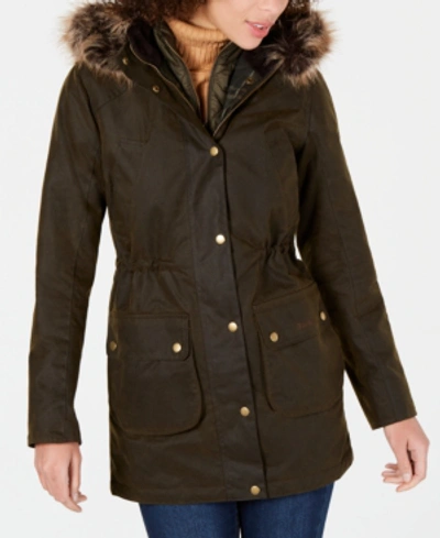 Shop Barbour Thrunton Waxed Cotton Parka With Faux-fur-trim Hood In Olive