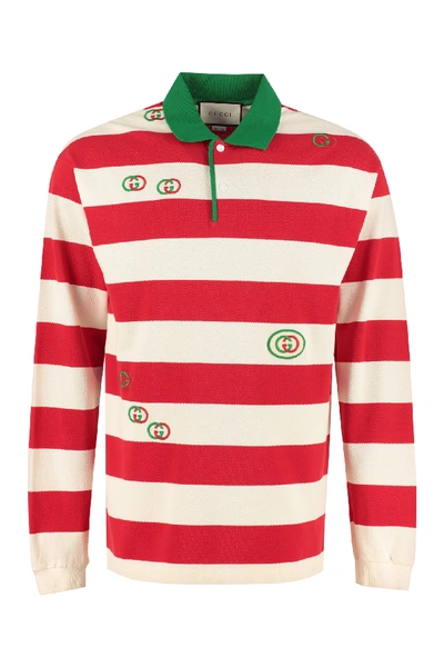 Shop Gucci Long-sleeved Cotton Polo Shirt In Multicolor