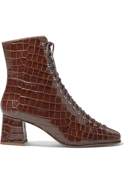 Shop By Far Becca Glossed Croc-effect Leather Ankle Boots In Dark Brown