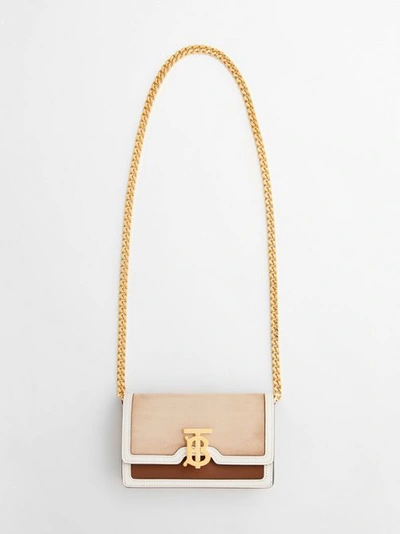 Shop Burberry Mini Suede And Two-tone Leather Shoulder Bag In Biscuit