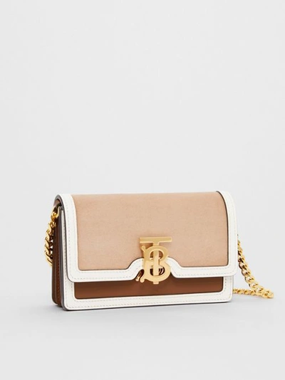 Shop Burberry Mini Suede And Two-tone Leather Shoulder Bag In Biscuit