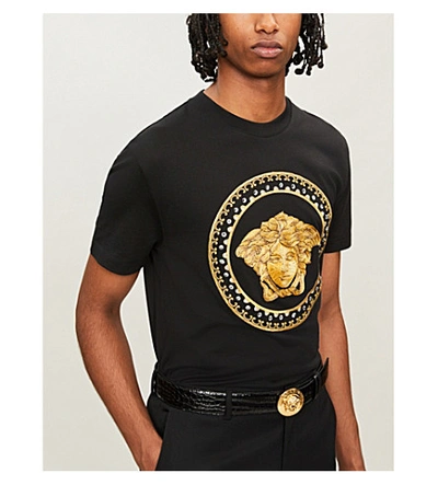 Shop Versace Logo-embroidered Embellished Cotton T-shirt In Black