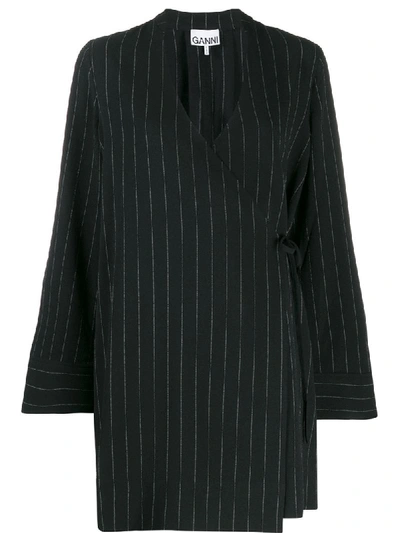 Shop Ganni Pinstriped Wrap Dress In 099 Black