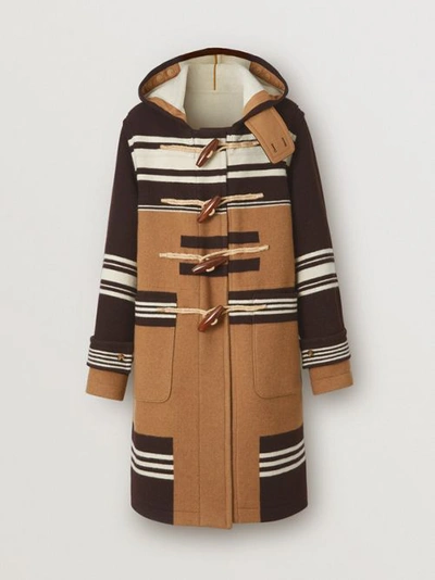 Shop Burberry Stripe Detail Wool Duffle Coat In Camel