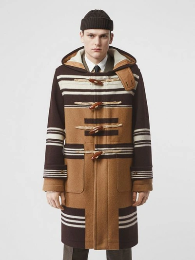 Shop Burberry Stripe Detail Wool Duffle Coat In Camel