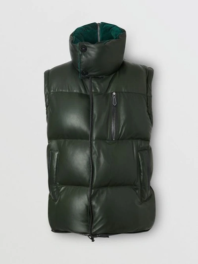 Shop Burberry Velvet Trim Down-filled Lambskin Puffer Gilet In Dark Pine Green