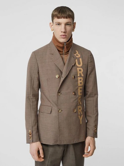 Shop Burberry Slim Fit Logo Print Cotton Wool Blend Tailored Jacket In Beige