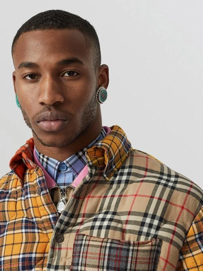 Shop Burberry Contrast Check Cotton Flannel Puffer Overshirt In Yellow/white