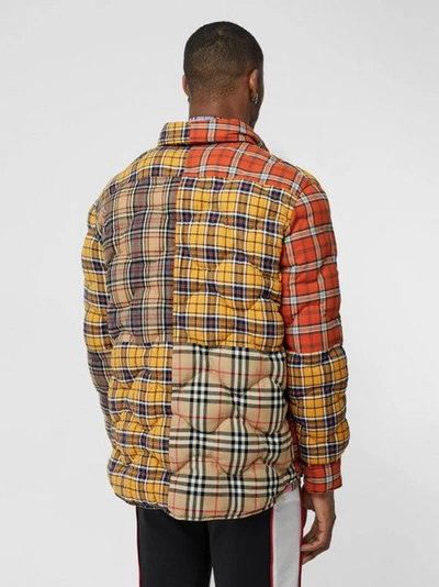 Shop Burberry Contrast Check Cotton Flannel Puffer Overshirt In Yellow/white