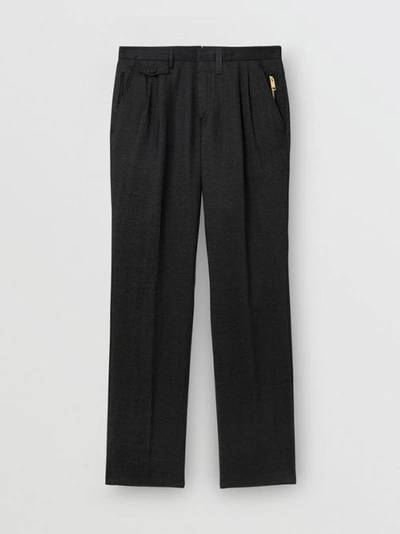 Shop Burberry Zip Detail Linen Blend Pleated Trousers In Black