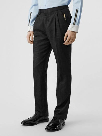 Shop Burberry Zip Detail Linen Blend Pleated Trousers In Black