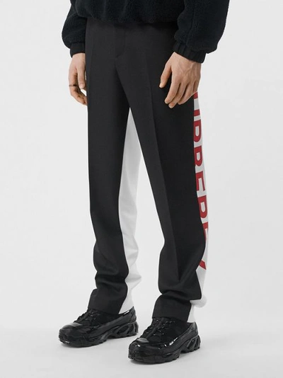 Shop Burberry Logo Print Two-tone Wool Mohair Trousers In Black