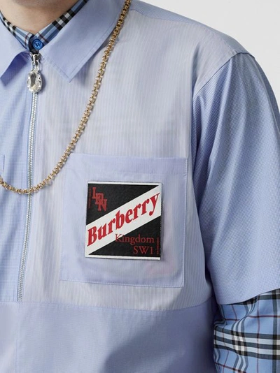 Shop Burberry Short-sleeve Logo Graphic Patchwork Cotton Shirt In Pale Blue