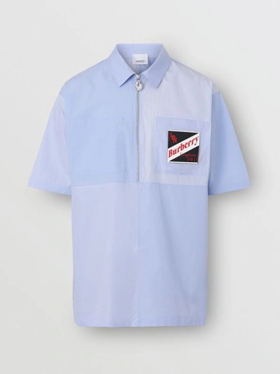 Shop Burberry Short-sleeve Logo Graphic Patchwork Cotton Shirt In Pale Blue