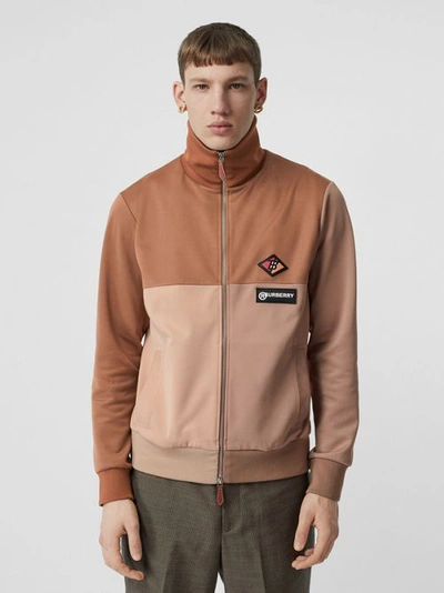 Shop Burberry Logo Graphic Colour Block Neoprene Track Top In Camel