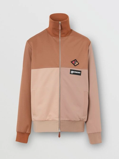 Shop Burberry Logo Graphic Colour Block Neoprene Track Top In Camel