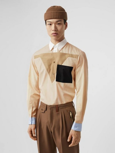 Shop Burberry Classic Fit Pocket Detail Colour Block Cotton Shirt In Buttermilk