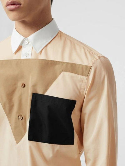 Shop Burberry Classic Fit Pocket Detail Colour Block Cotton Shirt In Buttermilk